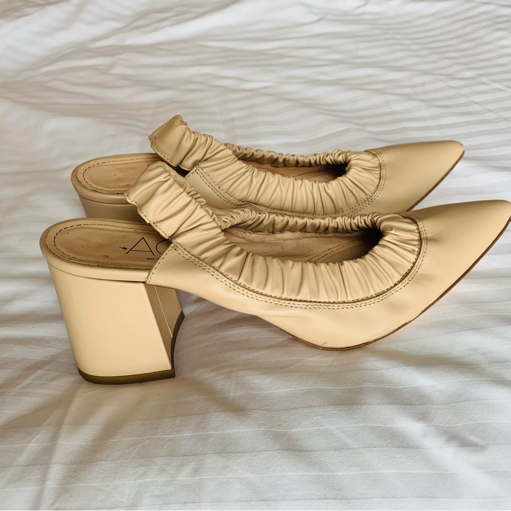 Luxury AGL made in Italy Ruched Leather Slingback block 2.5 in heel pumps.